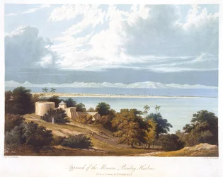Approach of the Monsoon, Bombay Harbour, z kresby Williama Westalla (1781-1850) z Scenery, Costumes and Architecture of India ryté T. Fieldingem, kolorováno J.B. Hogarthem, vydáno 182